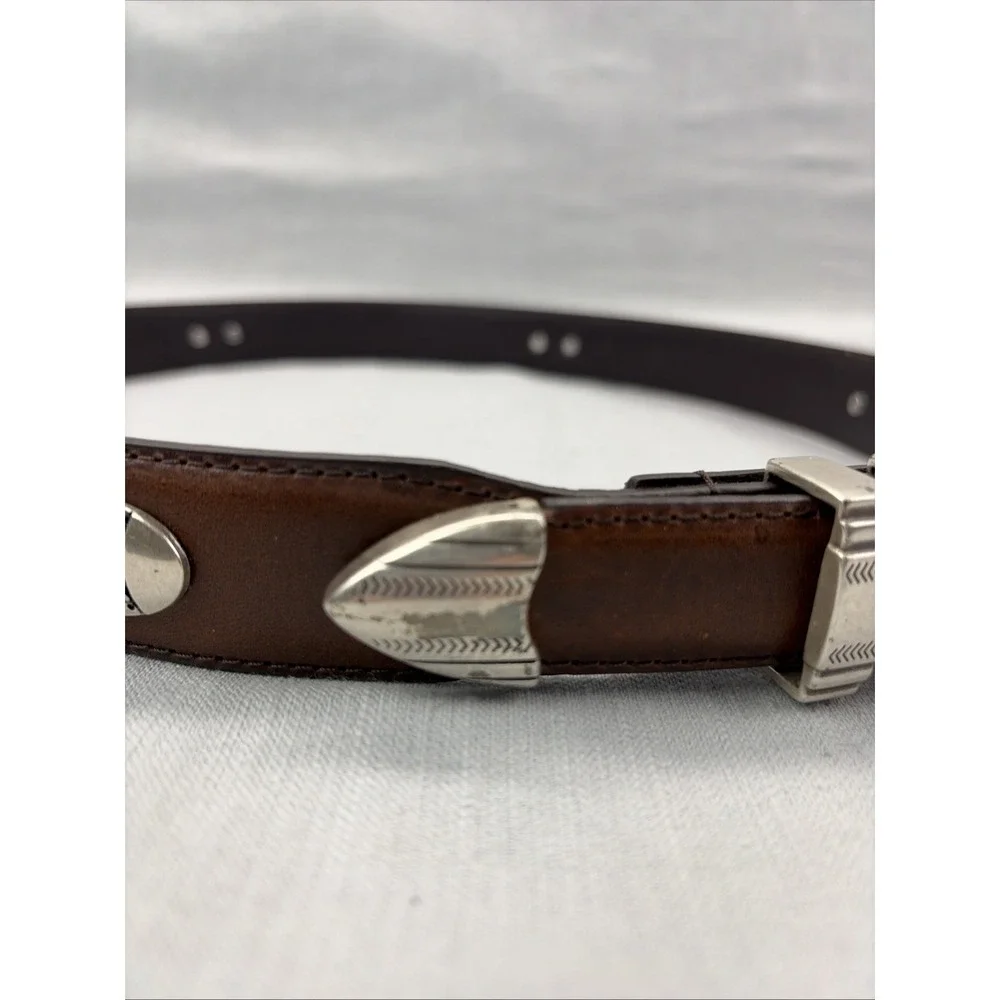 Western Top Grain Leather Belt Silver Buckle Conchos Brown 1.25